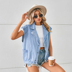 New loose suit collar washed denim vest jacket top