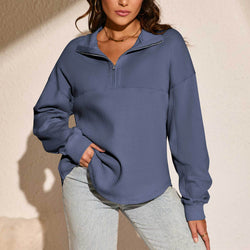 Splicing waffle semi-open neck zipper comfortable casual loose long-sleeved sweater