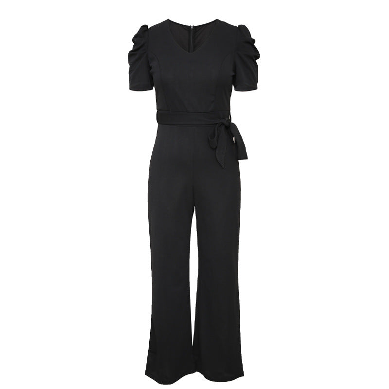 Short-sleeved jumpsuit women's 2022 new solid color casual waist flared pants trousers