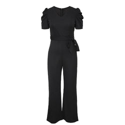 Short-sleeved jumpsuit women's 2022 new solid color casual waist flared pants trousers