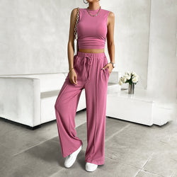 Spring and summer urban casual solid color top vest trousers set two-piece set