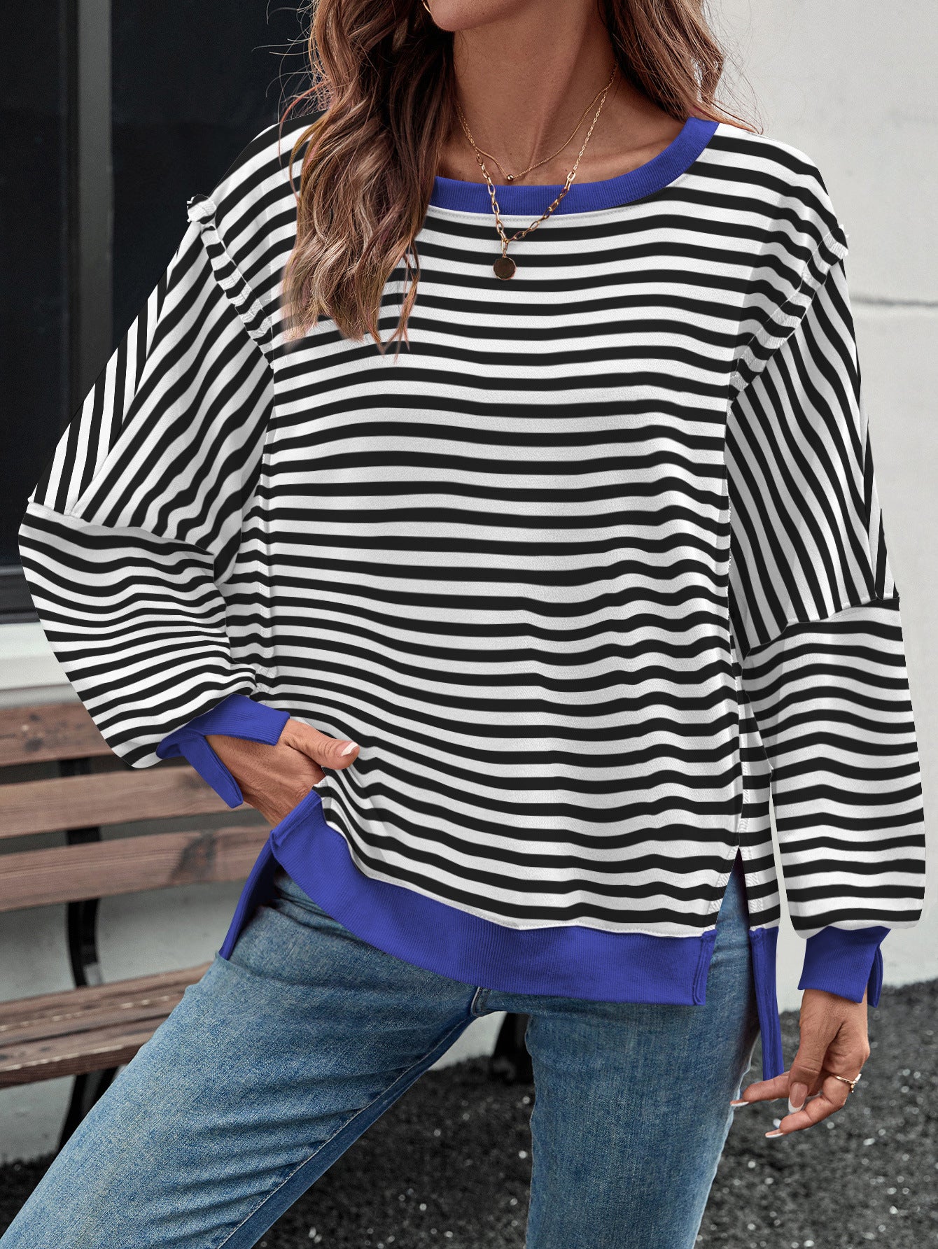 Loose Striped Casual Sweater Split Forked Crew Neck Trendy Design Versatile Top Ladies