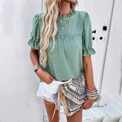 Spring and summer casual solid color short-sleeved hollow top