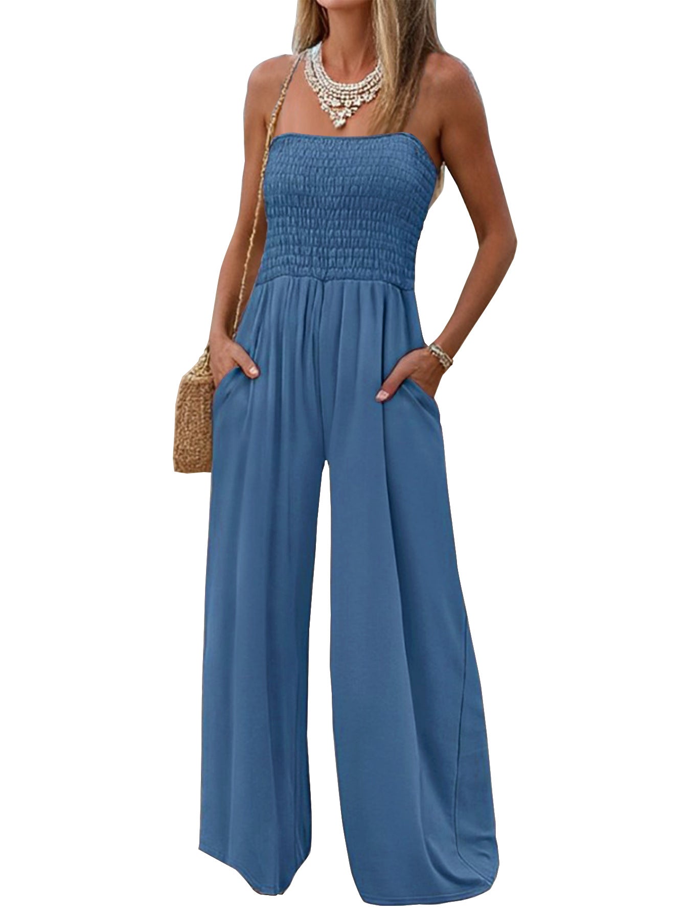 Women's Solid Color Tube Top Roller Jumpsuit Long Jumpsuit