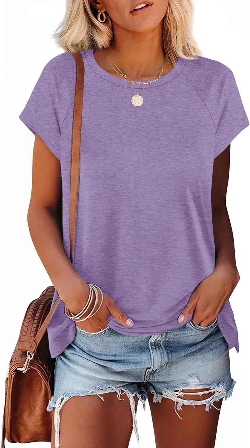 Crew neck shoulder sleeves solid color loose short sleeves basic T-shirt women