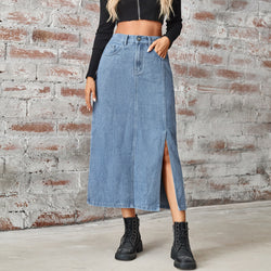 Washed denim elastic waist split mid-length skirt