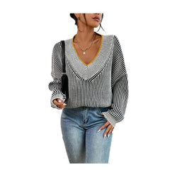 V-neck loose and thin bat-sleeved sweater striped contrasting pullover knitted sweater top