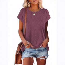 Crew neck shoulder sleeves solid color loose short sleeves basic T-shirt women