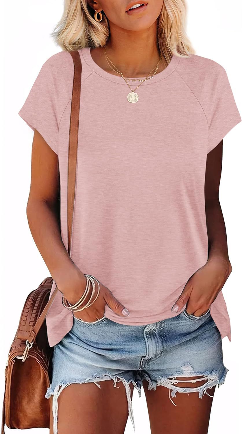 Crew neck shoulder sleeves solid color loose short sleeves basic T-shirt women