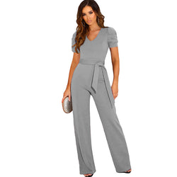 Short-sleeved jumpsuit women's 2022 new solid color casual waist flared pants trousers