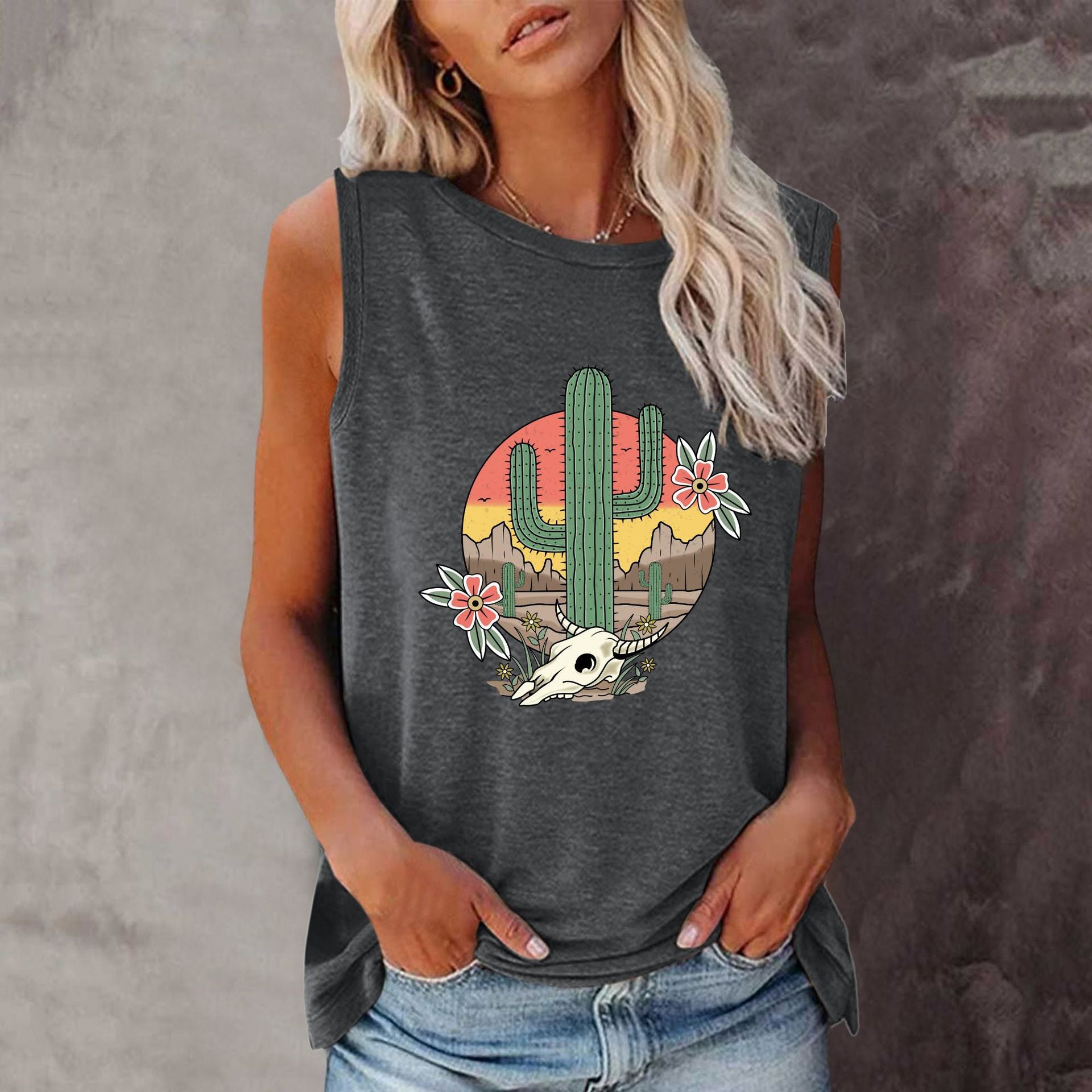 New shirt summer cactus round neck sleeveless vest