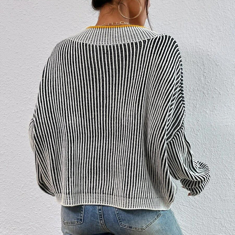 V-neck loose and thin bat-sleeved sweater striped contrasting pullover knitted sweater top