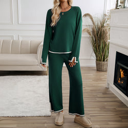 Temperament Casual solid color knitted long-sleeved sweater pants set two-piece set