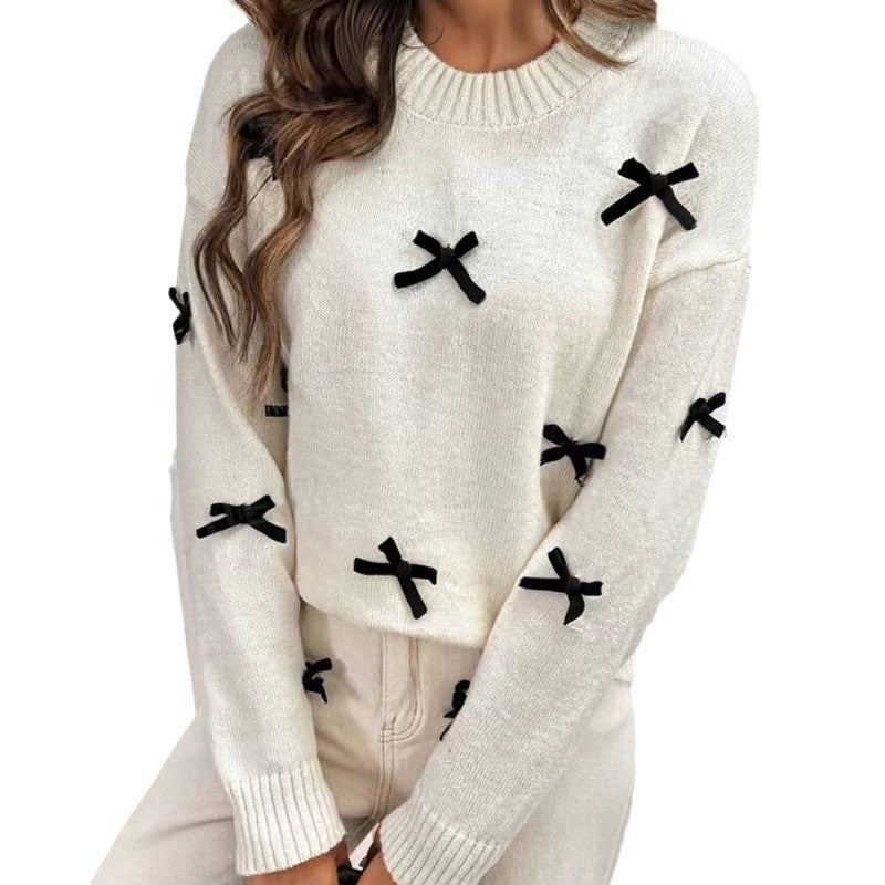 New sweater women's loose round neck bow long sleeve pullover knitted top