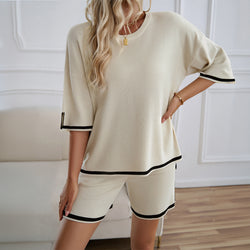 Spring and summer foreign trade round neck temperament casual short sweater set two-piece set