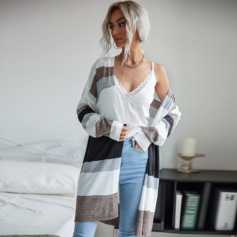 Thin color matching striped sweater casual home cardigan