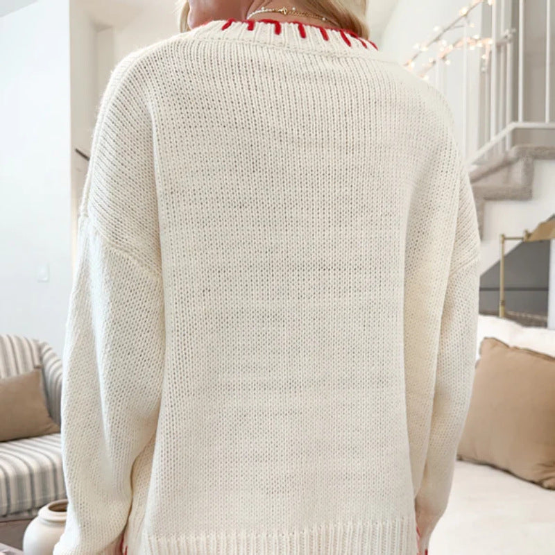 Lazy wind pullover knitted top bow jacquard loose outer sweater women