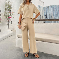 Spring and summer temperament casual solid color knitted short-sleeved trousers set two-piece set