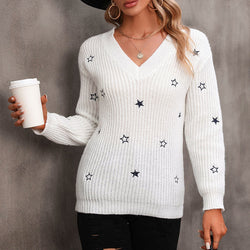 Knitted sweater commuter V-neck solid color little star embroidered pullover sweater