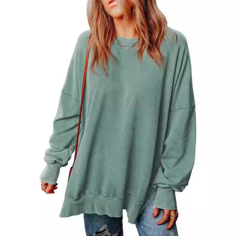 Solid color pullover round neck long-sleeved top European and American long casual loose fashion sweater