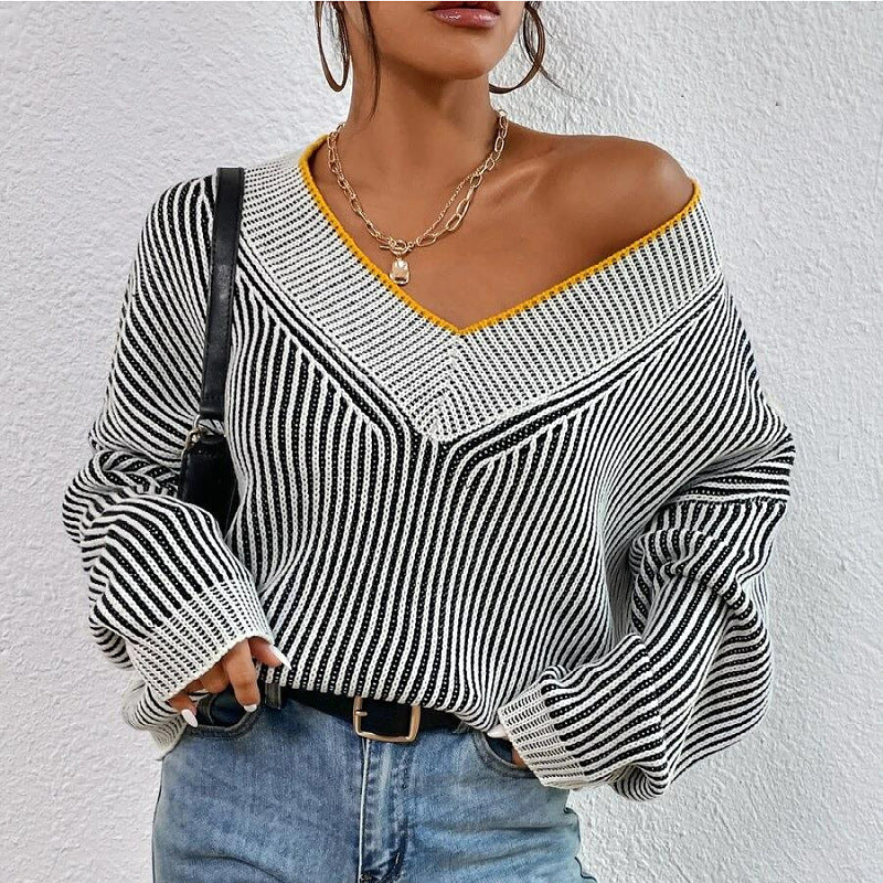 V-neck loose and thin bat-sleeved sweater striped contrasting pullover knitted sweater top