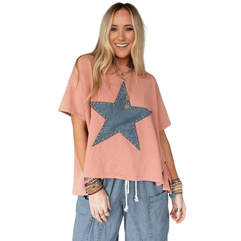 Crew neck T-shirt women's European and American casual style printing loose half-sleeved top women