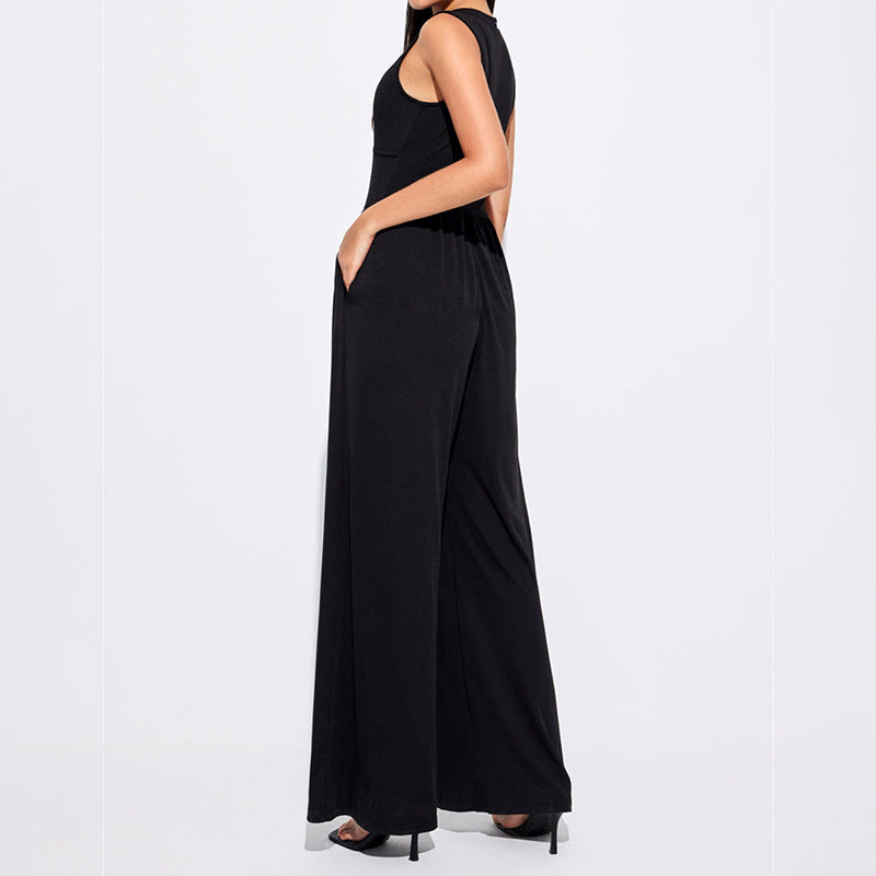 Crew Neck Wide Leg Straight Simple Jumpsuit