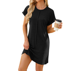 Spring and summer new round neck solid color short sleeve loose dress women