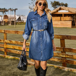 Washed denim loose casual long-sleeved adjustable buckle dress