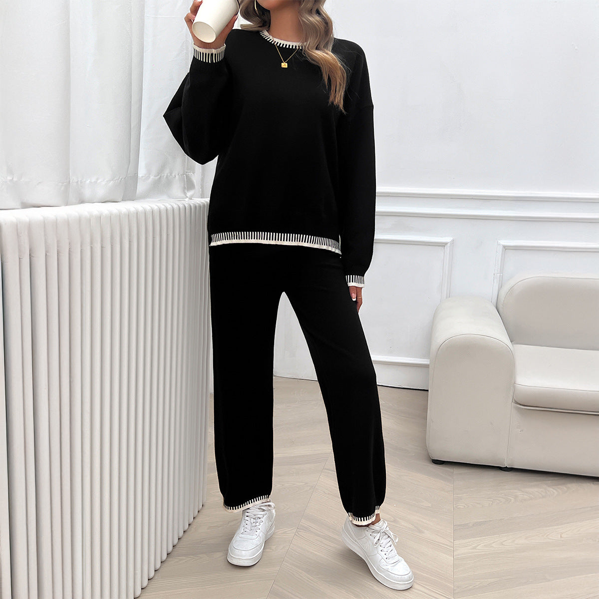 Temperament Casual contrasting color knitted sweater trousers set two-piece set