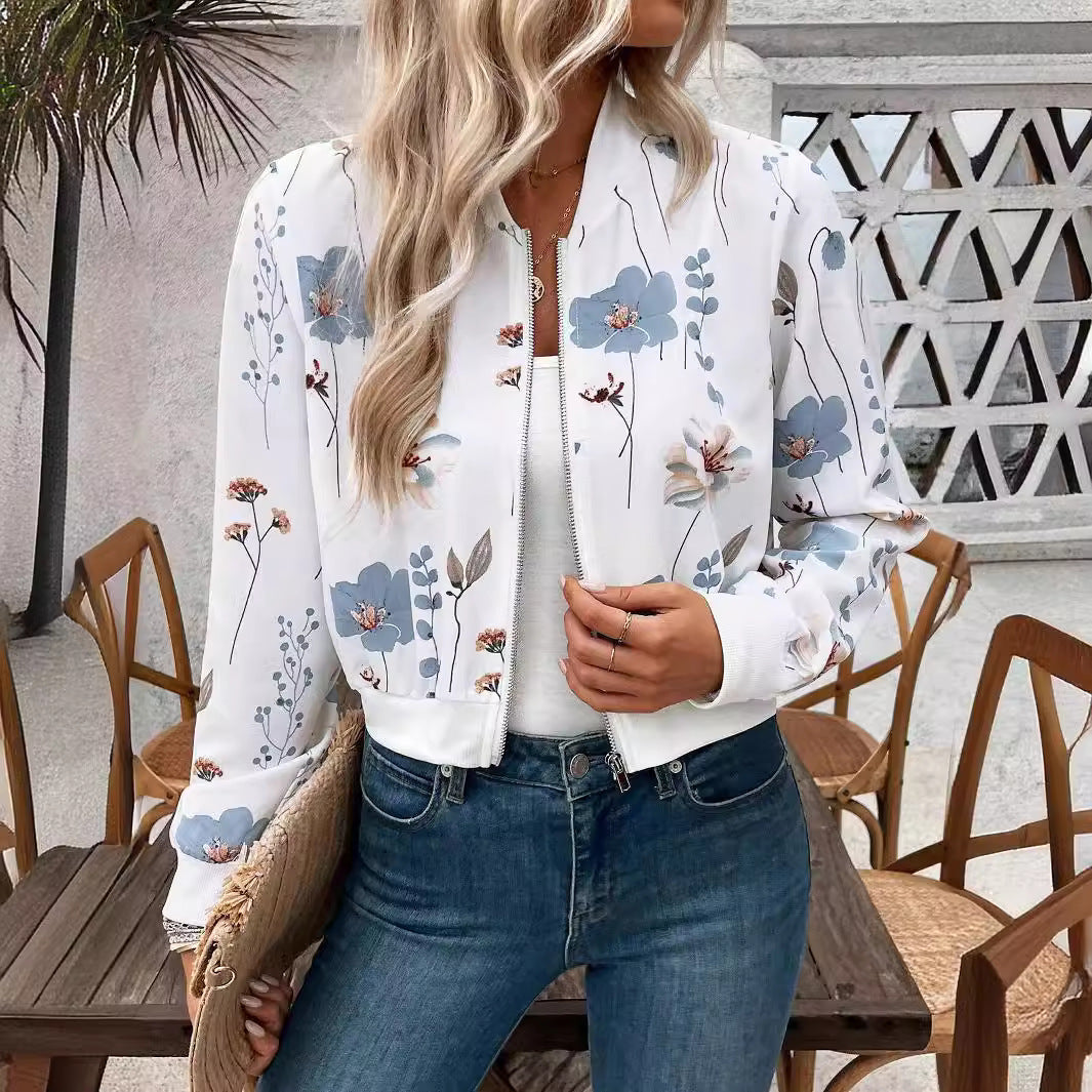 Women's Zipper Floral Print Long Sleeve Short Casual Jacket