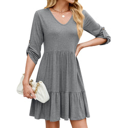 Spring and summer loose medium-sleeved V-neck pleated ruffle edge dress for women in stock