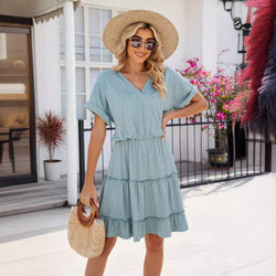 Spring and summer new solid color V-neck loose short-sleeved splicing dress in stock