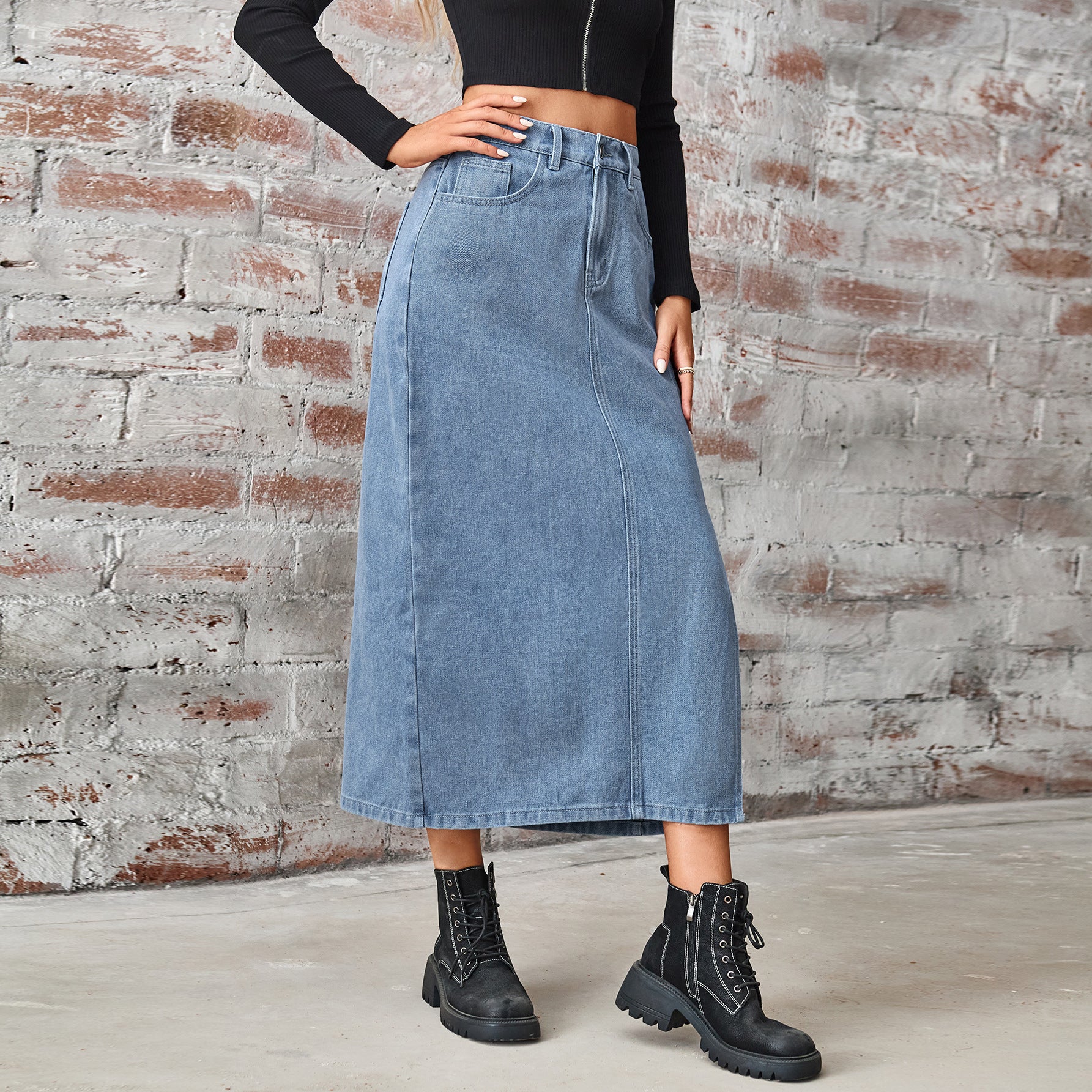 Washed denim elastic waist split mid-length skirt