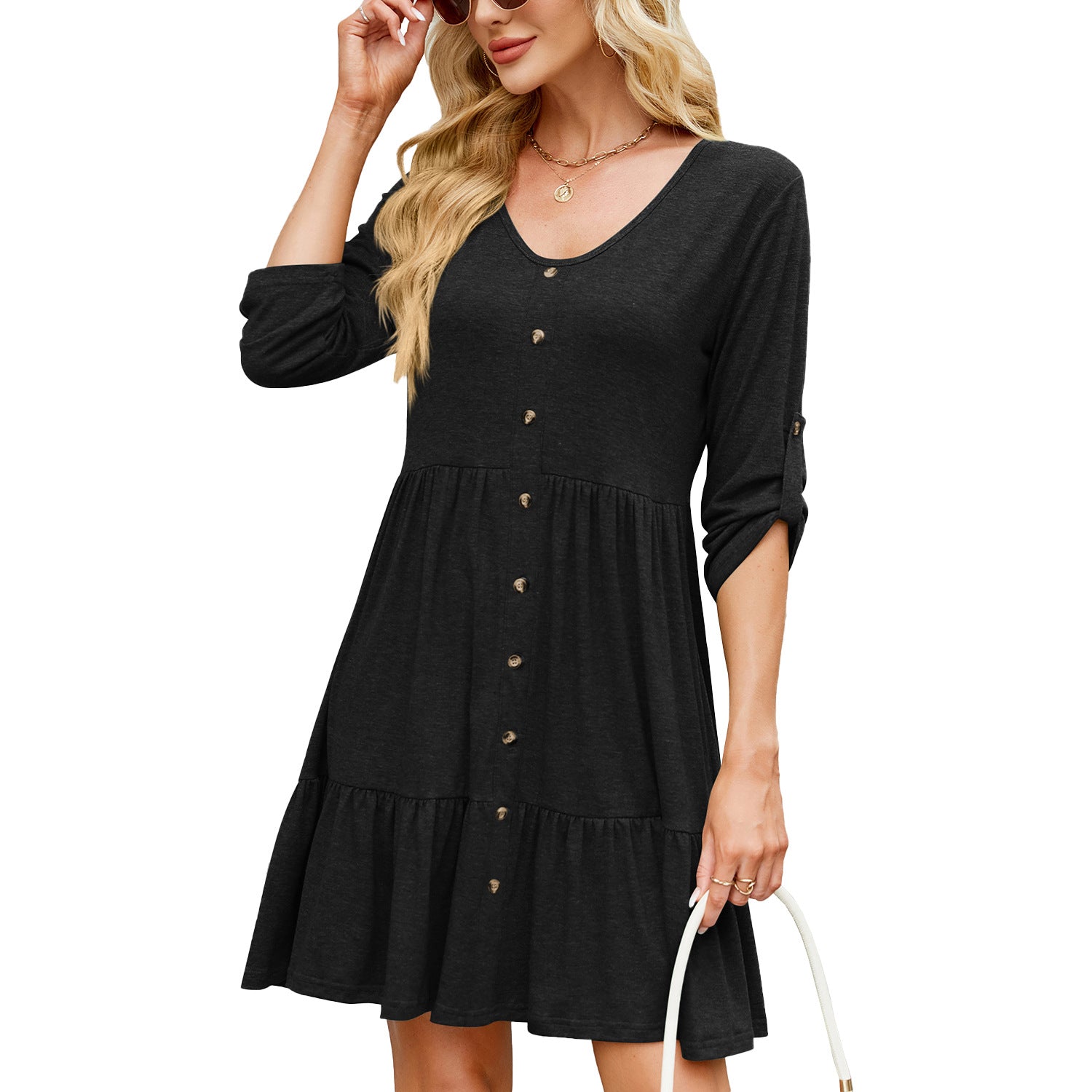 Spring and summer new solid color round neck button-down pleated middle-sleeved dress is in stock.