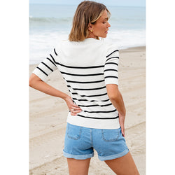 Spring and summer new striped T-shirt women's versatile button-knitted half-sleeved top