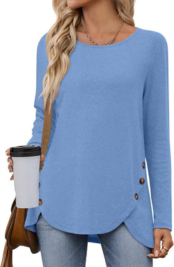 New solid color loose round neck long sleeve split button T-shirt women