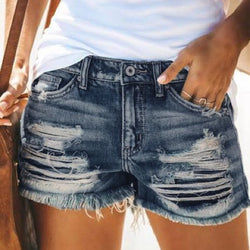 Summer new high-waisted fringed ripped denim shorts for women