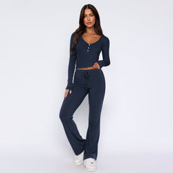 Women's slim-fitting sexy button-up long-sleeved top, lace-up trousers, fashionable two-piece set