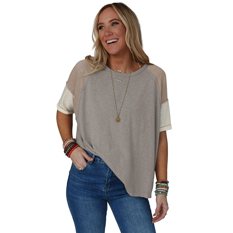 Versatile short-sleeved T-shirt personalized contrasting color splicing jumper top