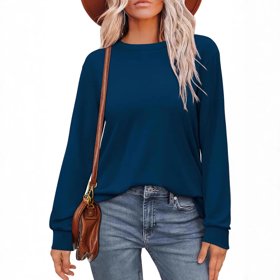 Women's basic solid color round neck pullover long sleeve shirt top T-shirt