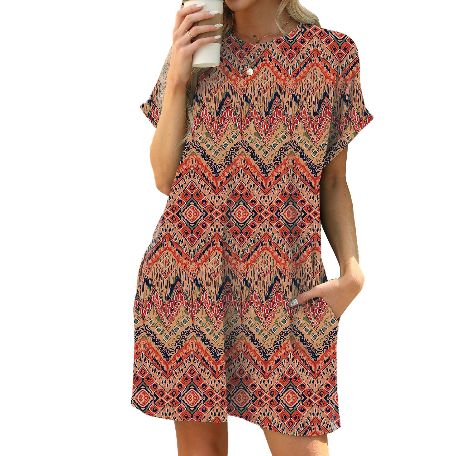 Spring and summer new loose round neck short-sleeved printed pocket dress in stock