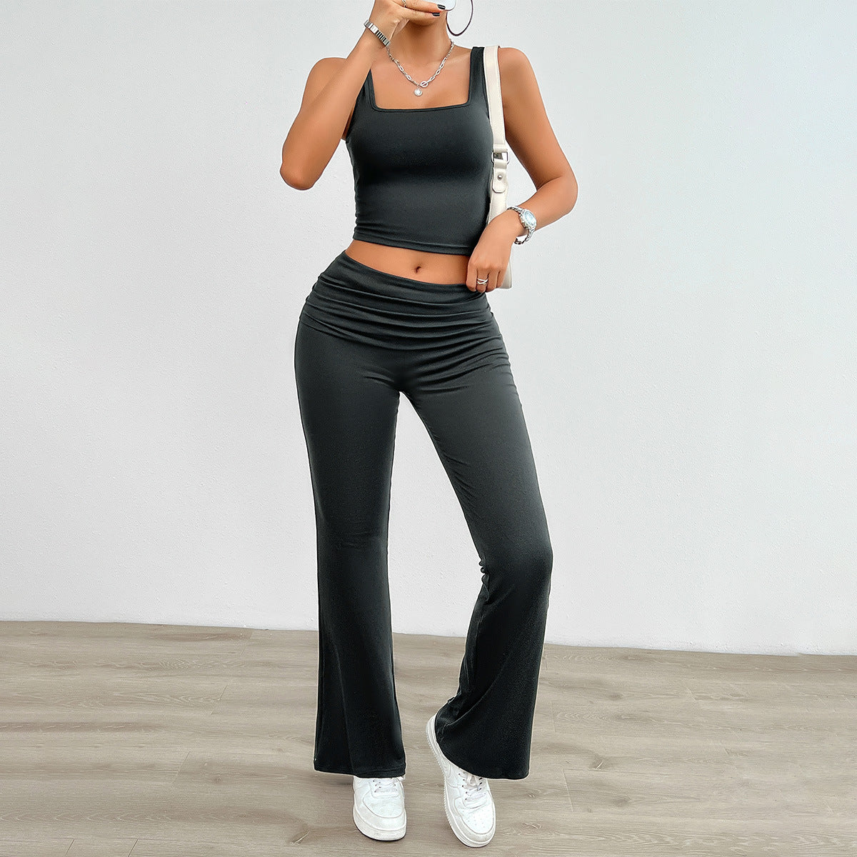 Spring and summer casual knitted solid color vest leggings set two-piece set