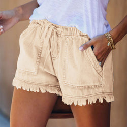 Elastic waist drawstring casual high waist thin denim shorts women