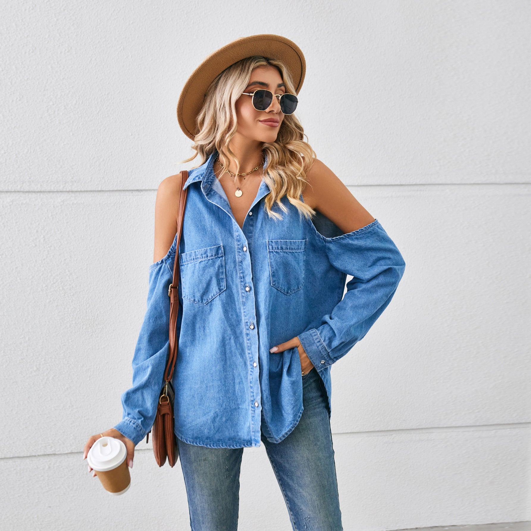 New washed off-shoulder hollow denim long-sleeved shirt top women