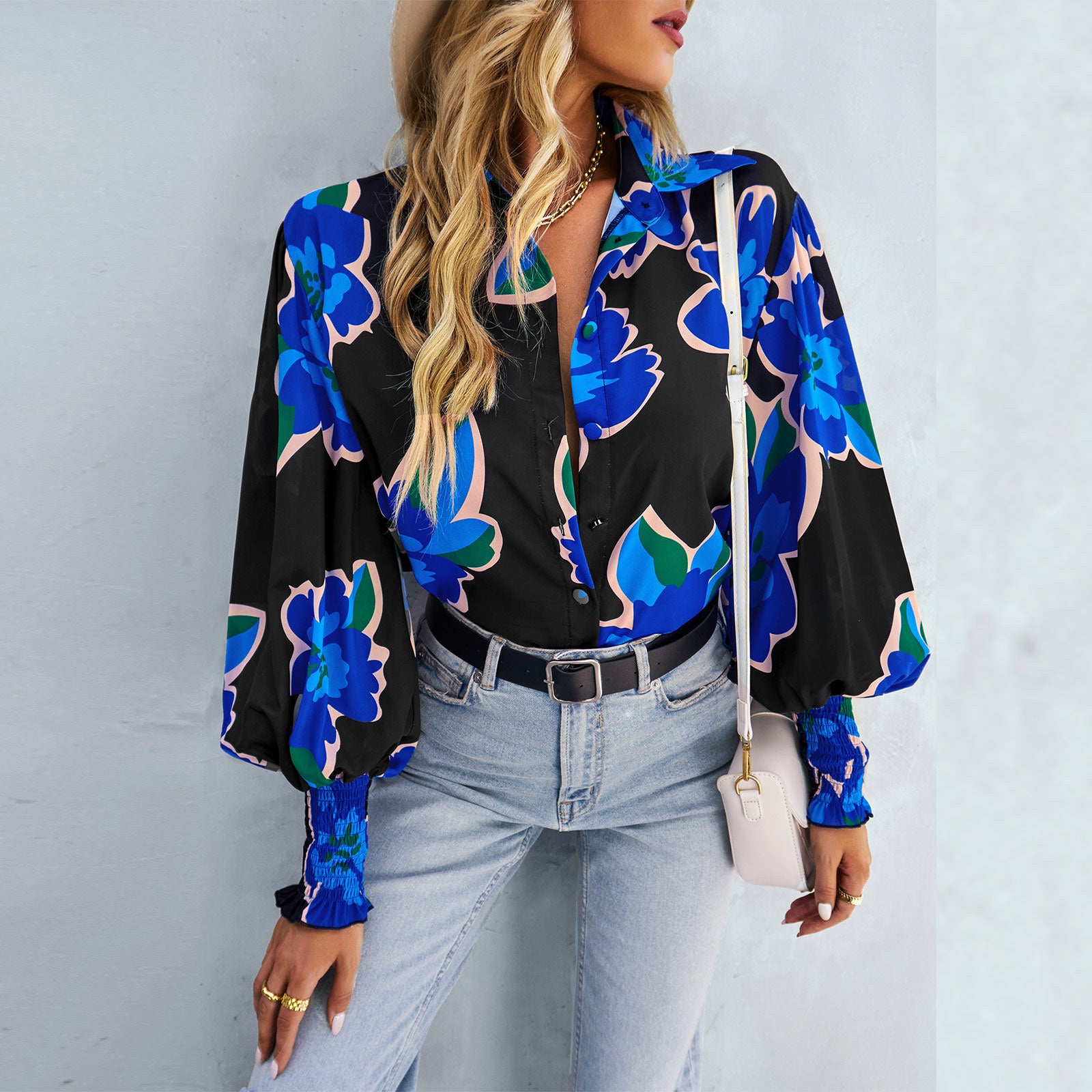 Contrast color printed shirt autumn and winter long-sleeved versatile top