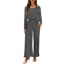 Crew neck long-sleeved waist jumpsuit with pocket and belt