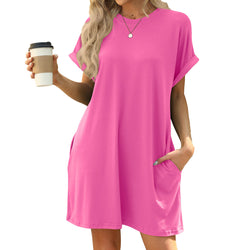 Spring and summer new solid color round neck pocket loose short-sleeved dress