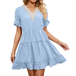 Summer jacquard hairball V-neck loose solid color elastic waist dress women