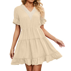 Summer jacquard hairball V-neck loose solid color elastic waist dress women